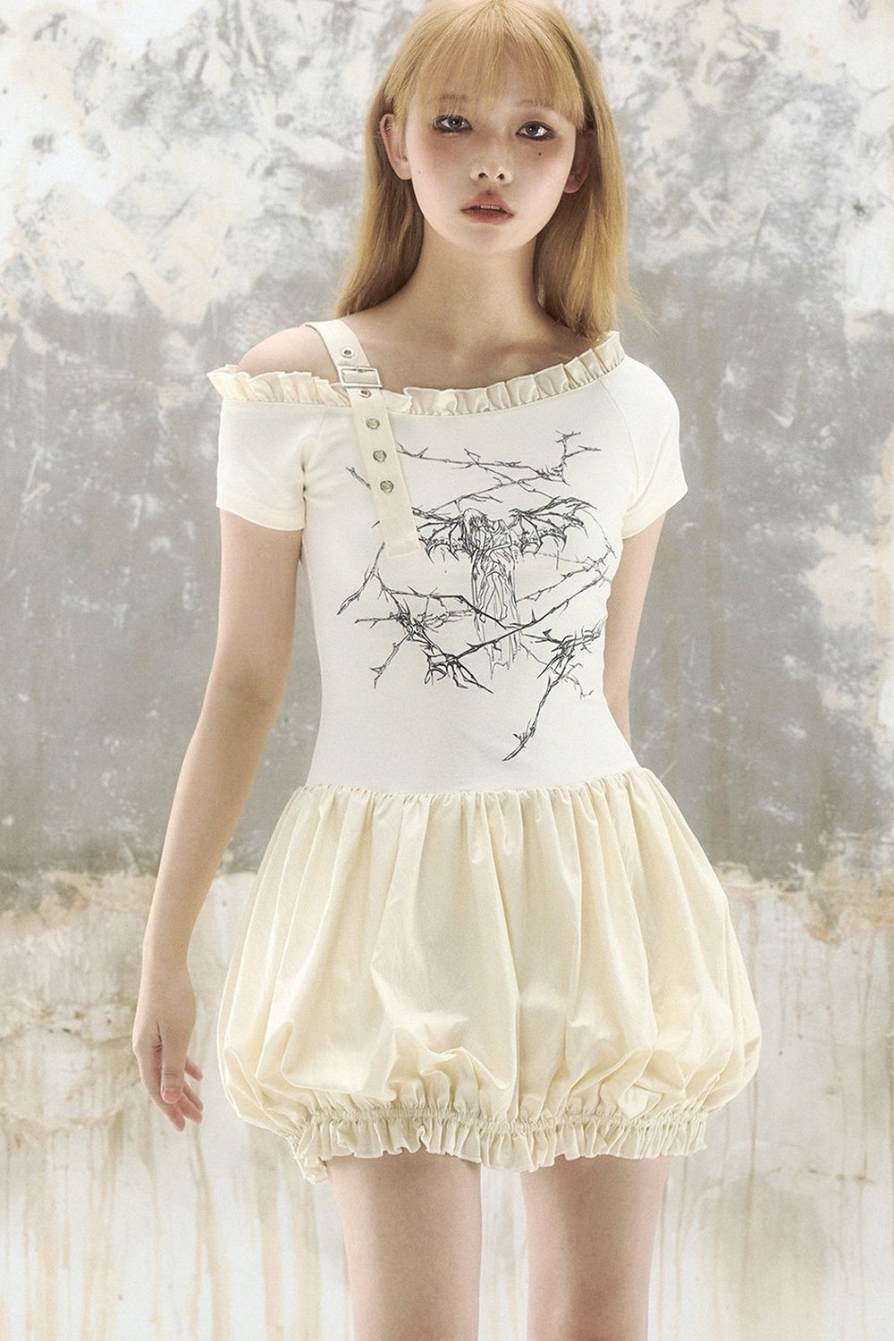 Sweet Cool Thorn Angel Print Off-Shoulder Dress