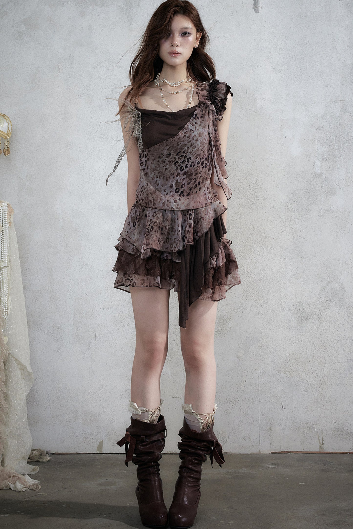 Leopard Print Layered-Look Strap Irregular Hem Dress
