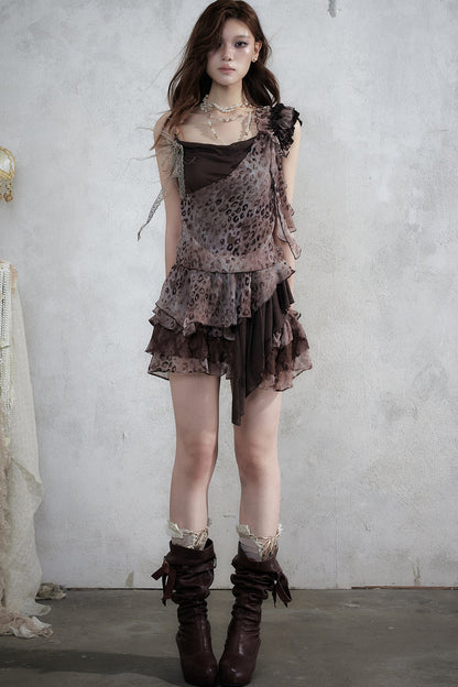 Leopard Print Layered-Look Strap Irregular Hem Dress