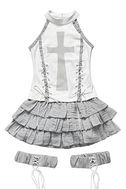 Sleeveless Collarless Cross Print Skirt Set