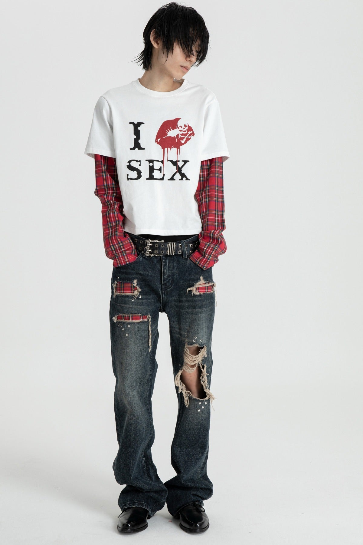 Distressed Plaid Patch Flared Jeans