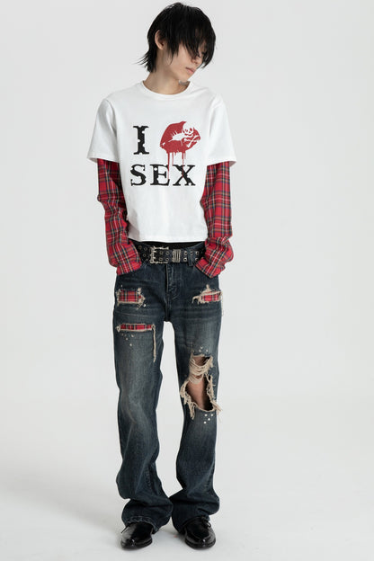 Distressed Plaid Patch Flared Jeans