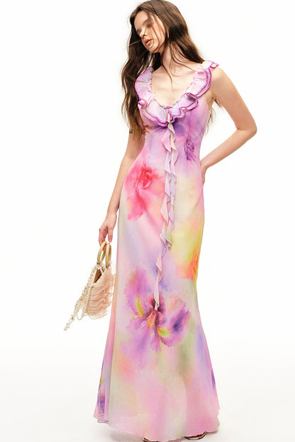 Maxikleid mit V-Ausschnitt, Rüschen und Blumenmuster