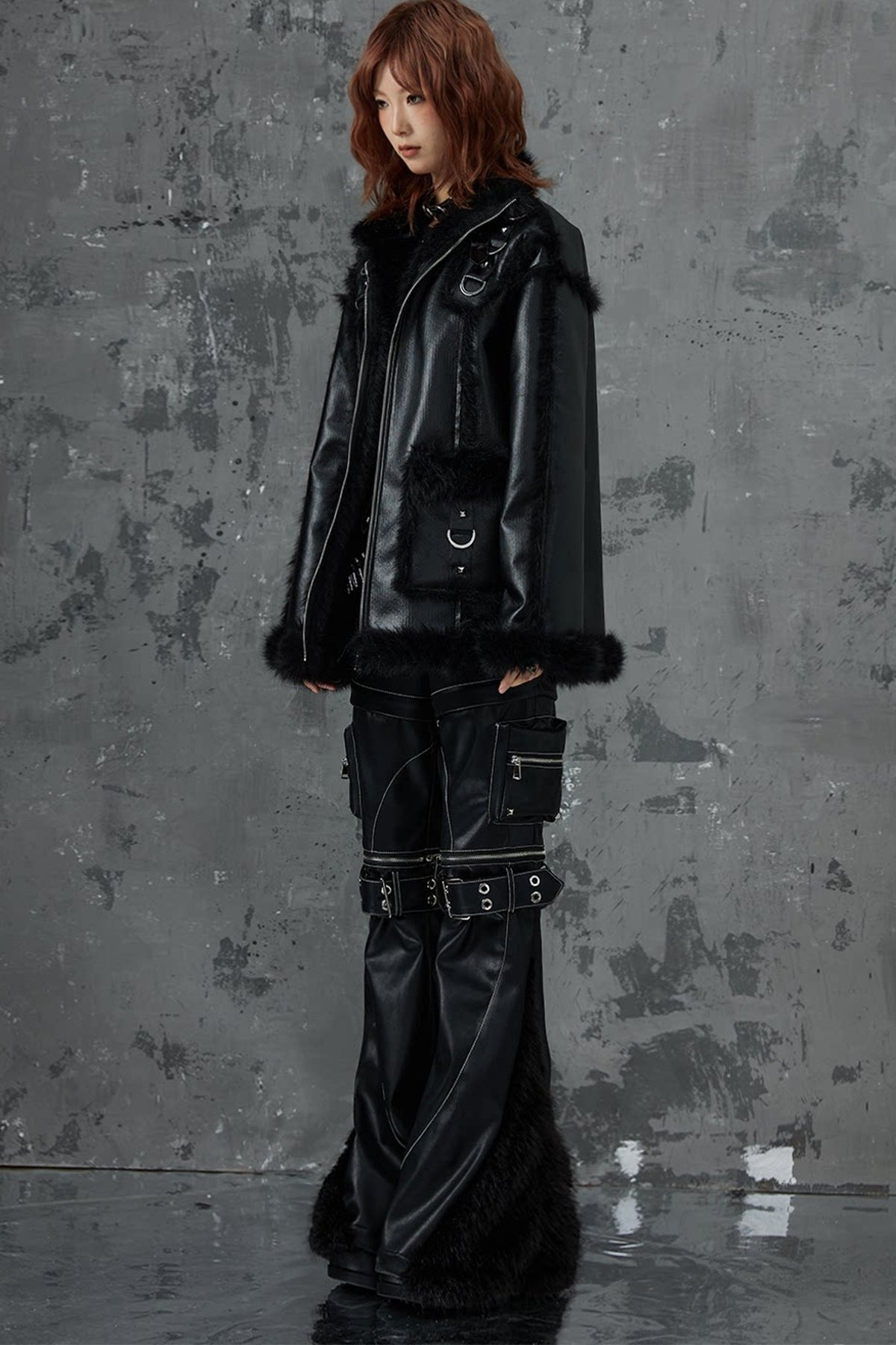Dark Punk Metal Leather Fur Jacket