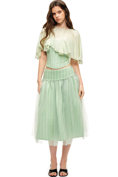 Mint Green Stripe Lyocell Cape and Tulle Skirt Set-Up