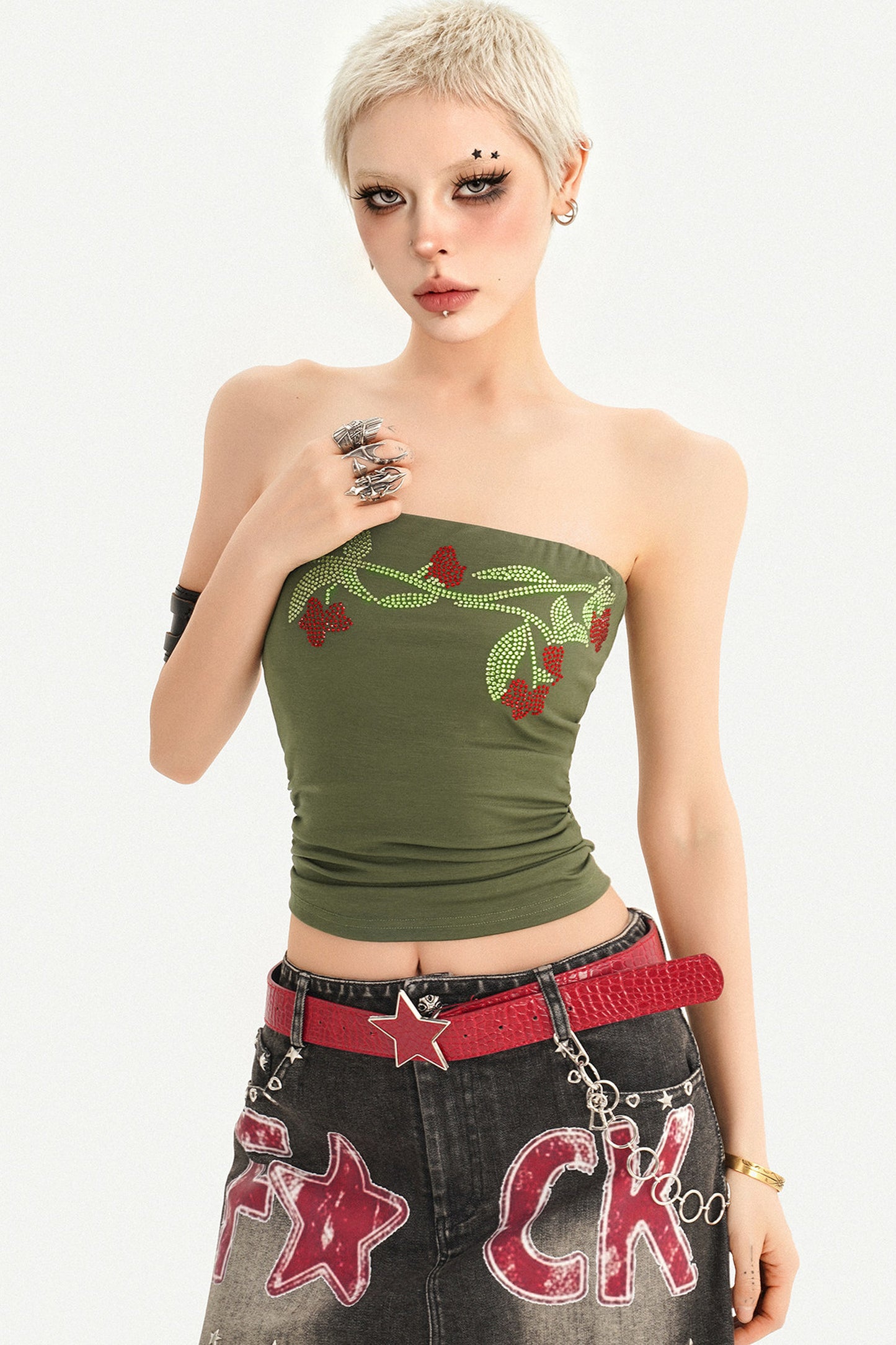 Rhinestone Floral Strapless Top