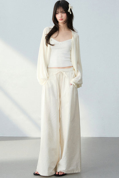 Batwing Cardigan & Camisole With Hollow Out Floral Pants Set-Up
