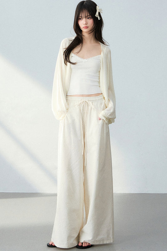 Batwing Cardigan & Camisole With Hollow Out Floral Pants Set-Up