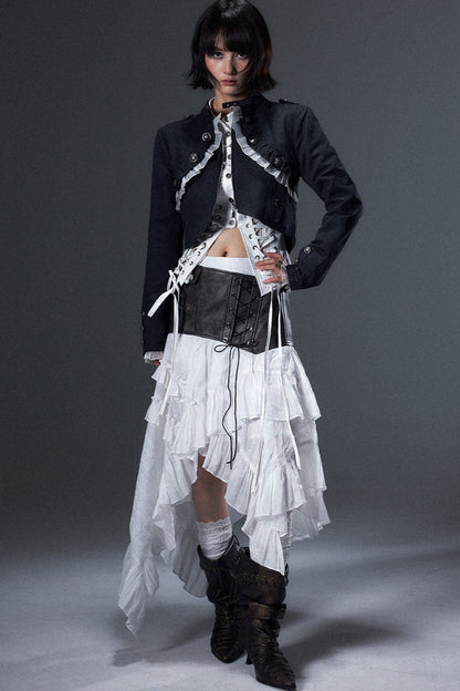 Irregular Ruffle Lace-Up Leather A-Line Skirt