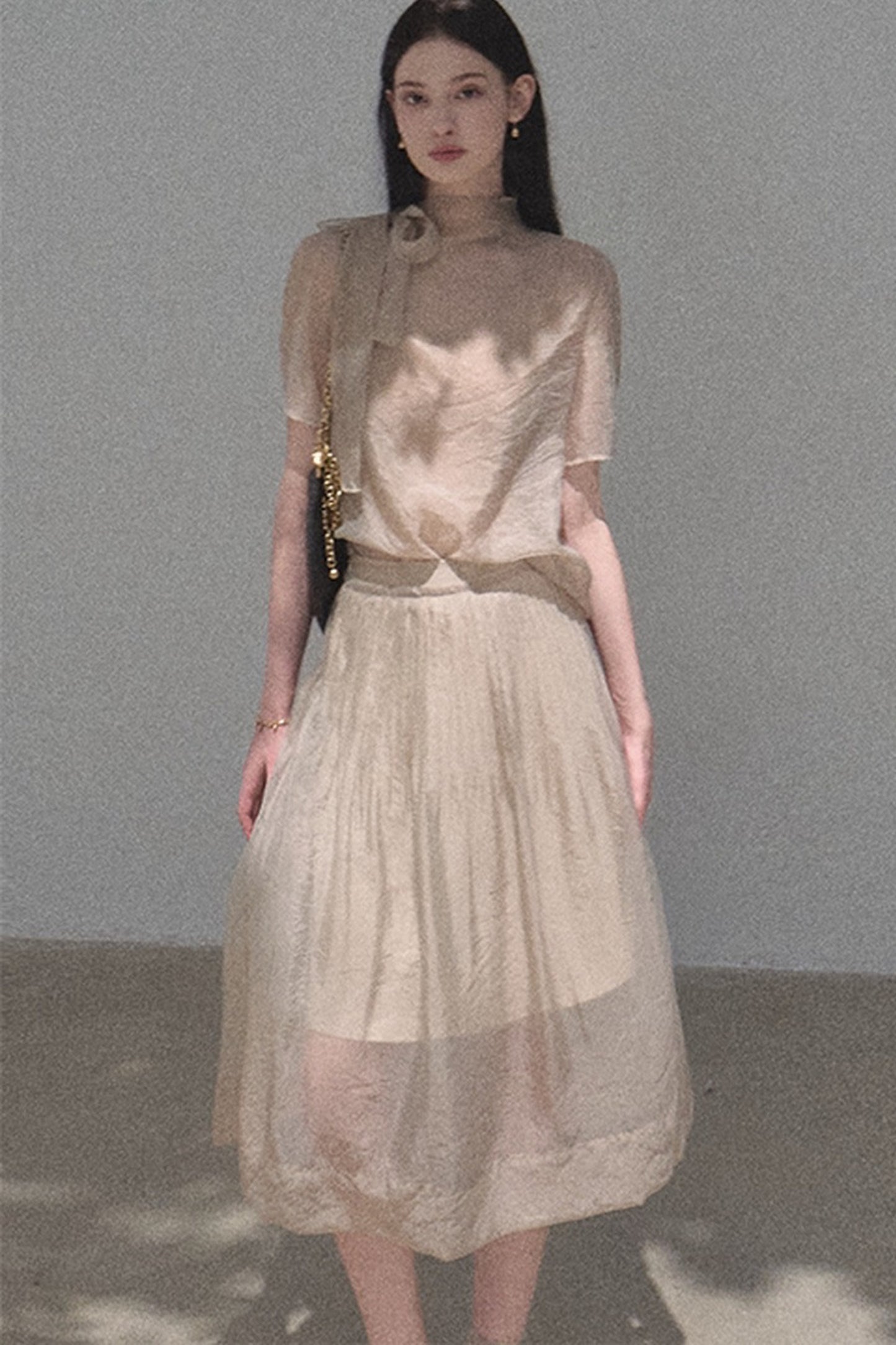 Short-Sleeved Chiffon Blouse and Pleated Mesh Skirt Set-Up