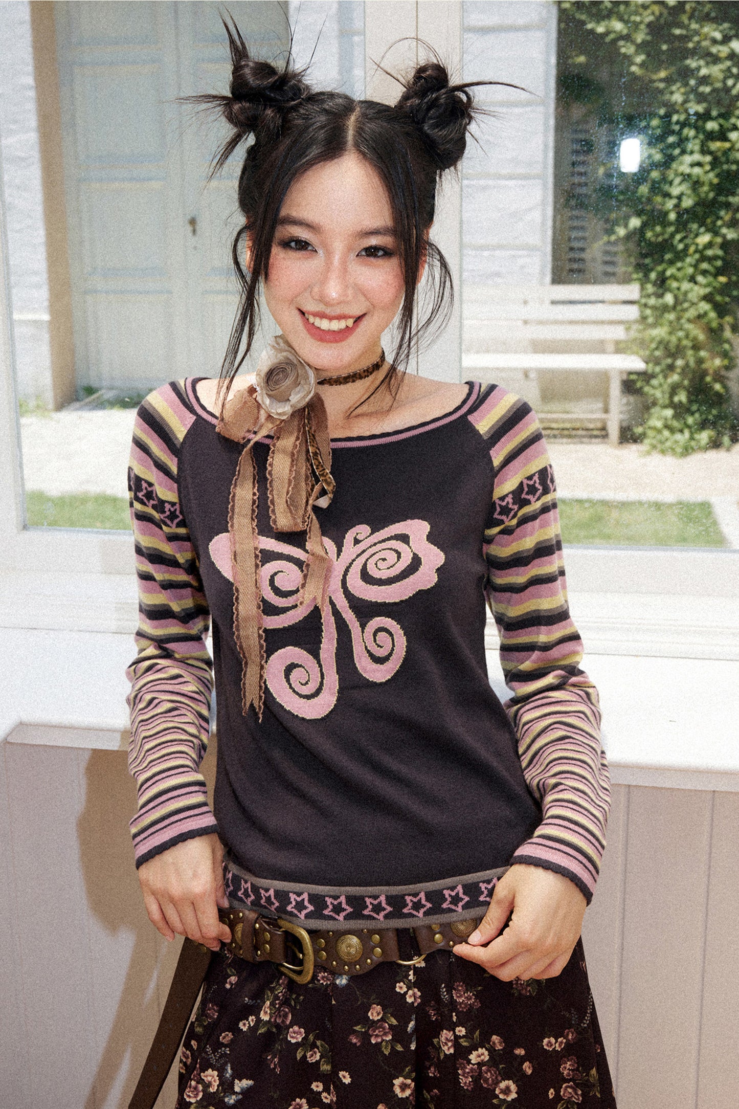 Butterfly Jacquard Striped Sweater