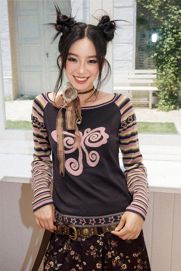 Butterfly Jacquard Striped Sweater
