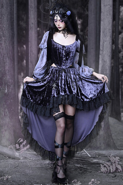 Gothic Velvet High-Low Lace Trim Skirt