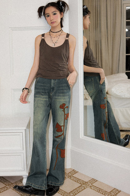 Ginkgo Leaf Embroidered Denim Pants