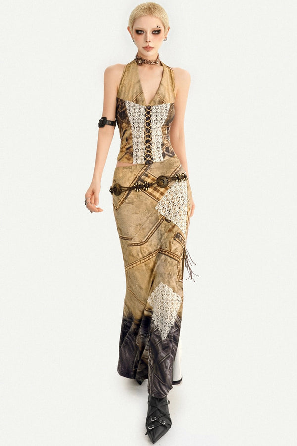 Wasteland Patchwork Lace Halter Top and Skirt Set-Up