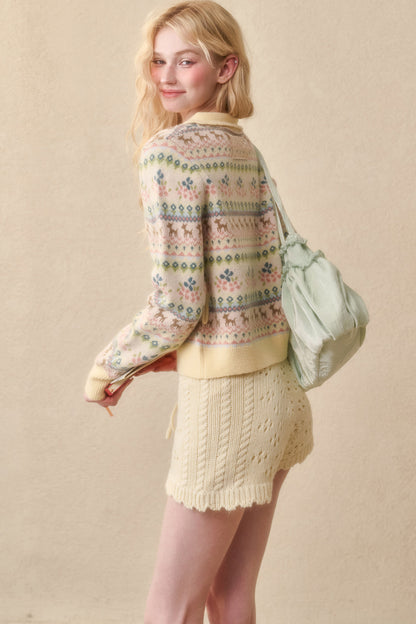 Reindeer Fair Isle Lace Trim Cardigan Top