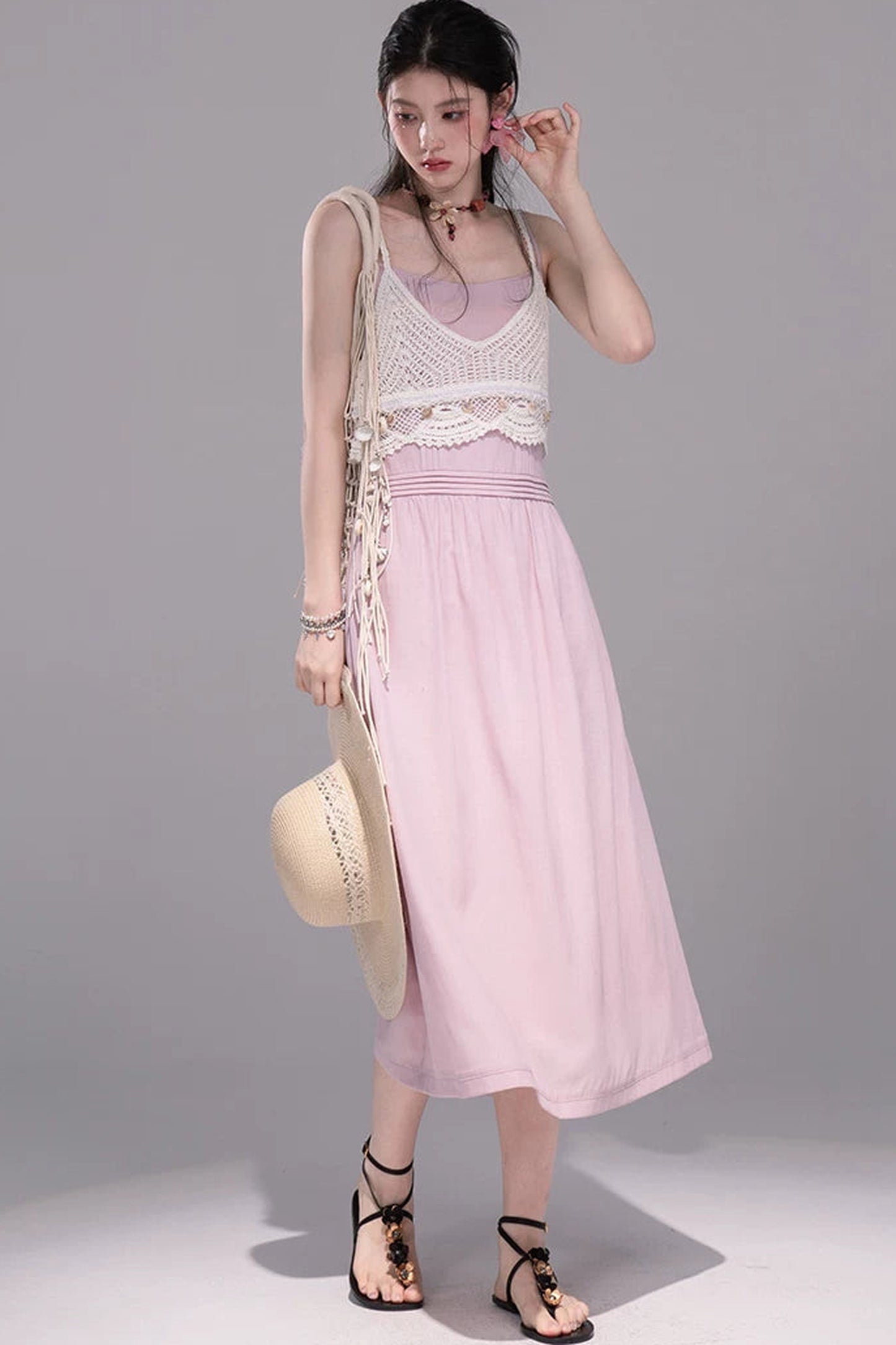 Peach Pink Crochet Dress Set