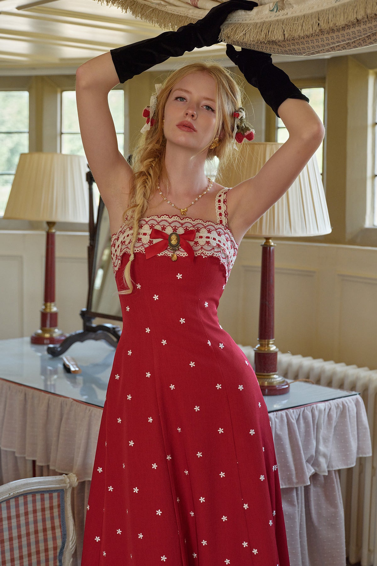 Berry Embroidered Strap Dress and Cardigan Set-Up