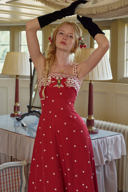 Berry Embroidered Strap Dress and Cardigan Set-Up