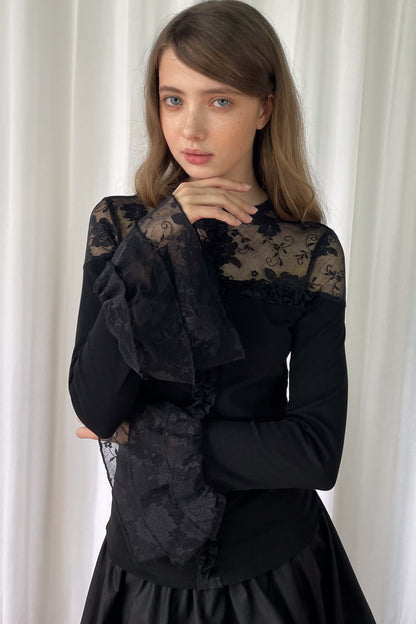 Lace Patchwork Ruffle Sleeve Knit Top
