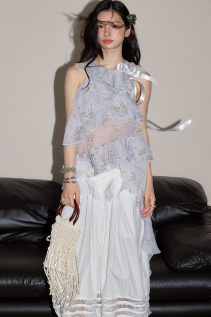 Sheer Floral Ruffle Top With White Balloon Pants