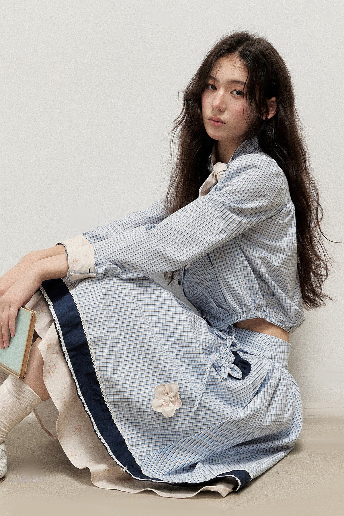 Plaid Contrast Ribbon Shirt and Skirt Set-Up