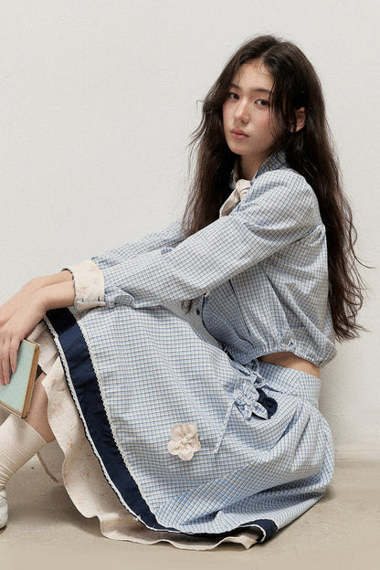 Plaid Contrast Ribbon Shirt and Skirt Set-Up