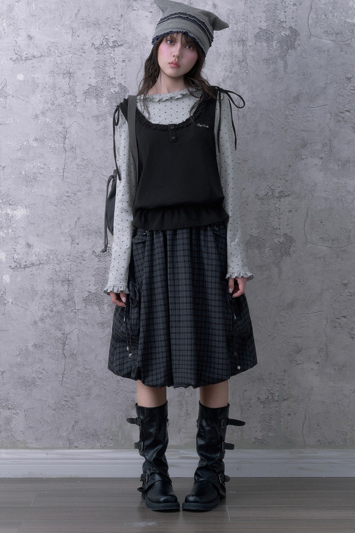Black Gray Plaid Mid-Length Skirt Set-Up