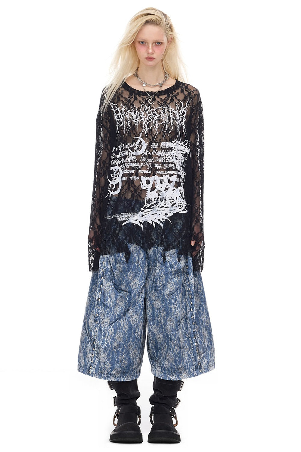 Loose Ripped Lace Cat Print Tee