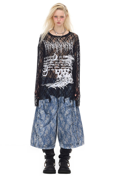 Loose Ripped Lace Cat Print Tee