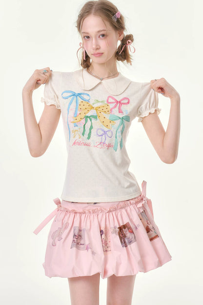 White Floral Bow Puff Sleeve T-Shirt