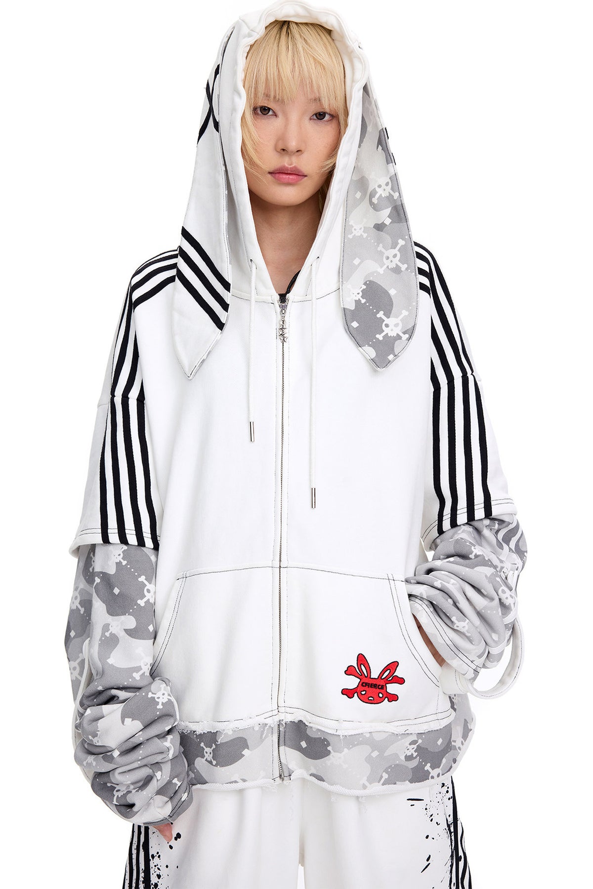 Skull Print Layered Bunny Ear Jacket