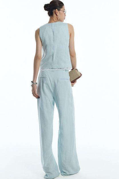Mint Green Lyocell Cotton Linen Lace Vest and Pants Set-Up