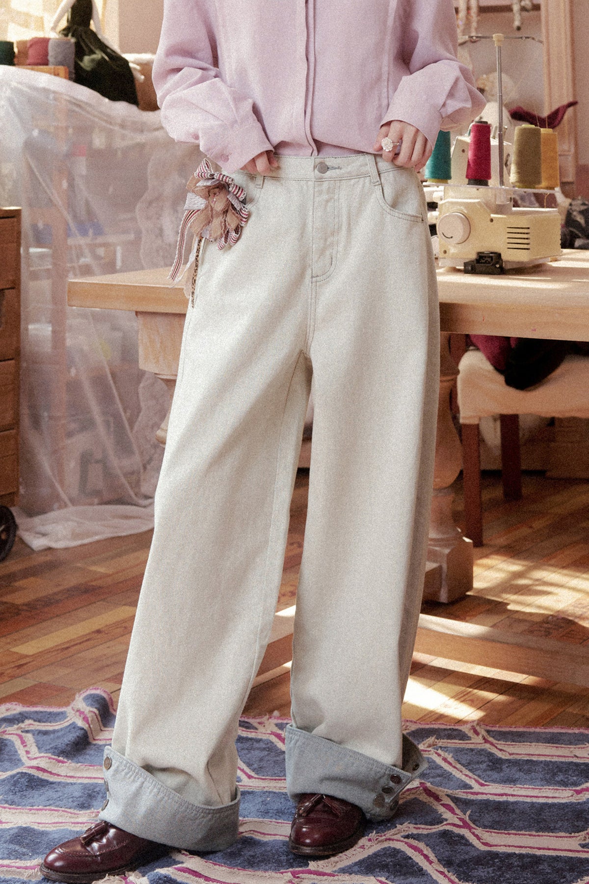 Loose Off-White Cotton Jeans