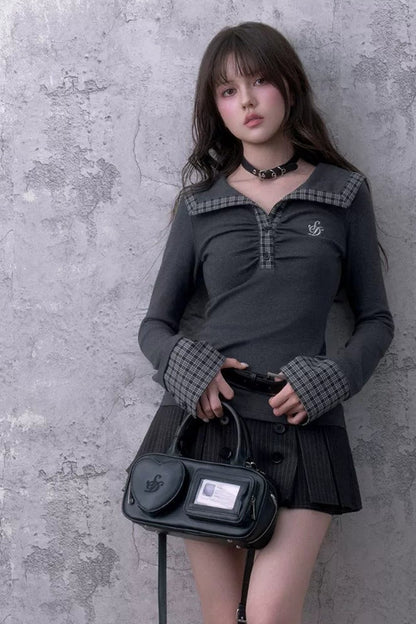 Gray Large Lapel Ruched Patchwork Top