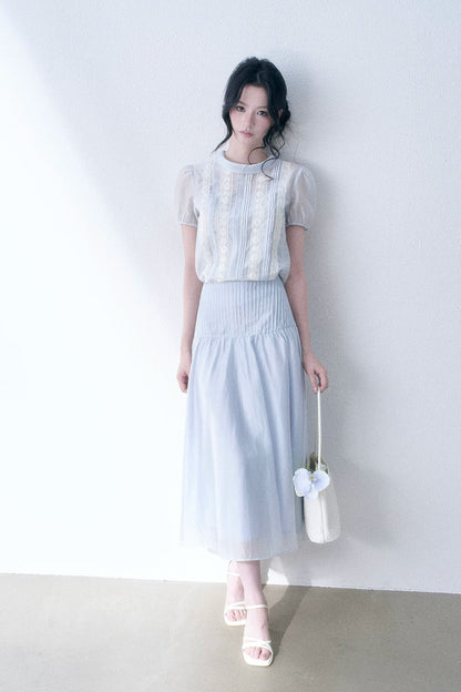Lace Spliced Tencel Top and Skirt Set
