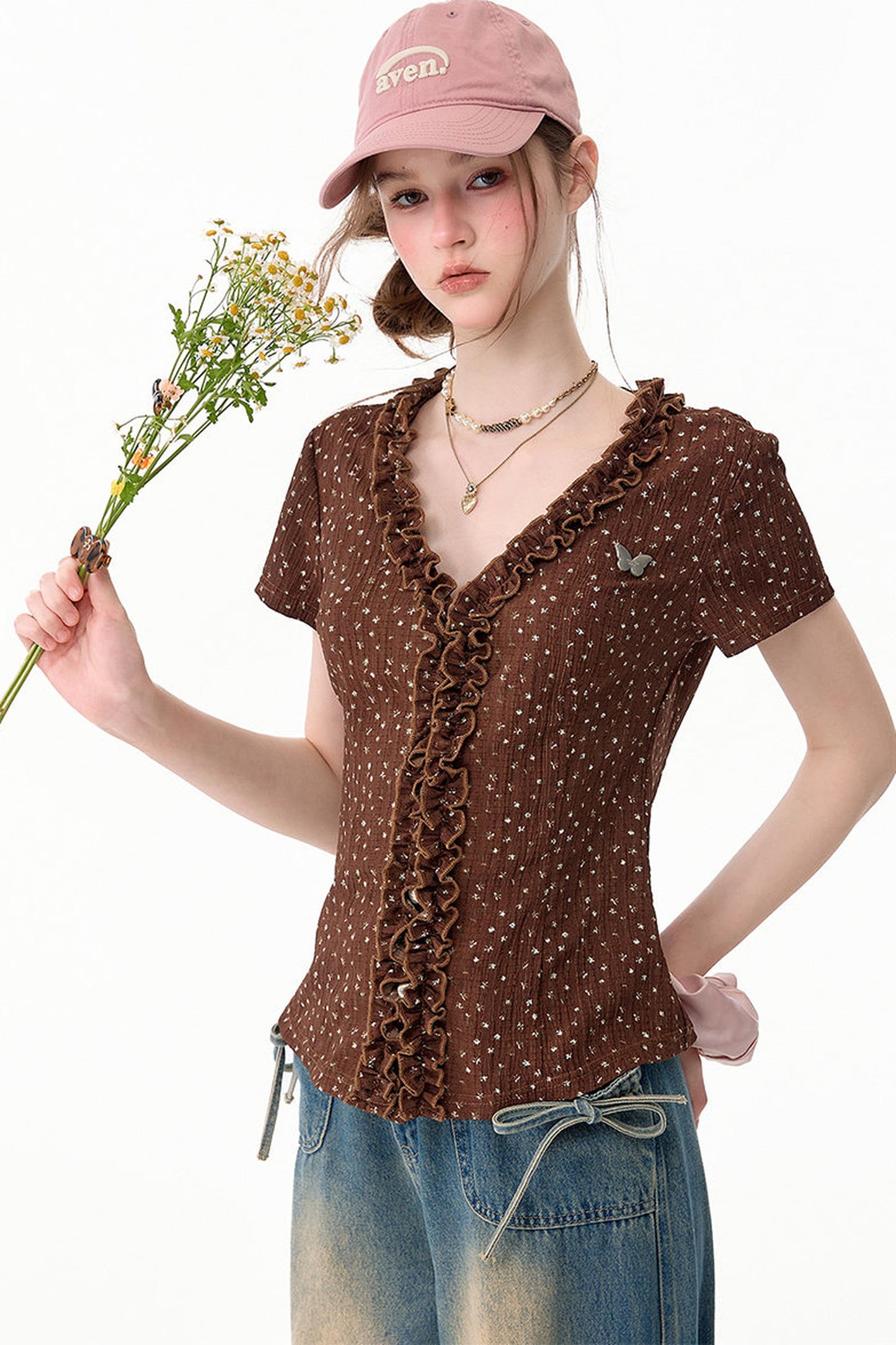 Chemisier marron en dentelle à pois