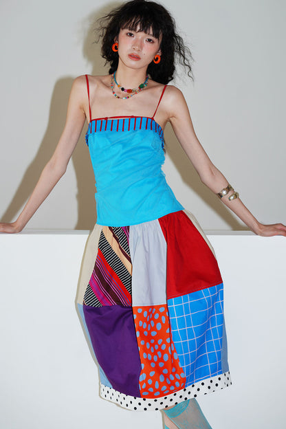 Patchwork Pleated Balloon Dress