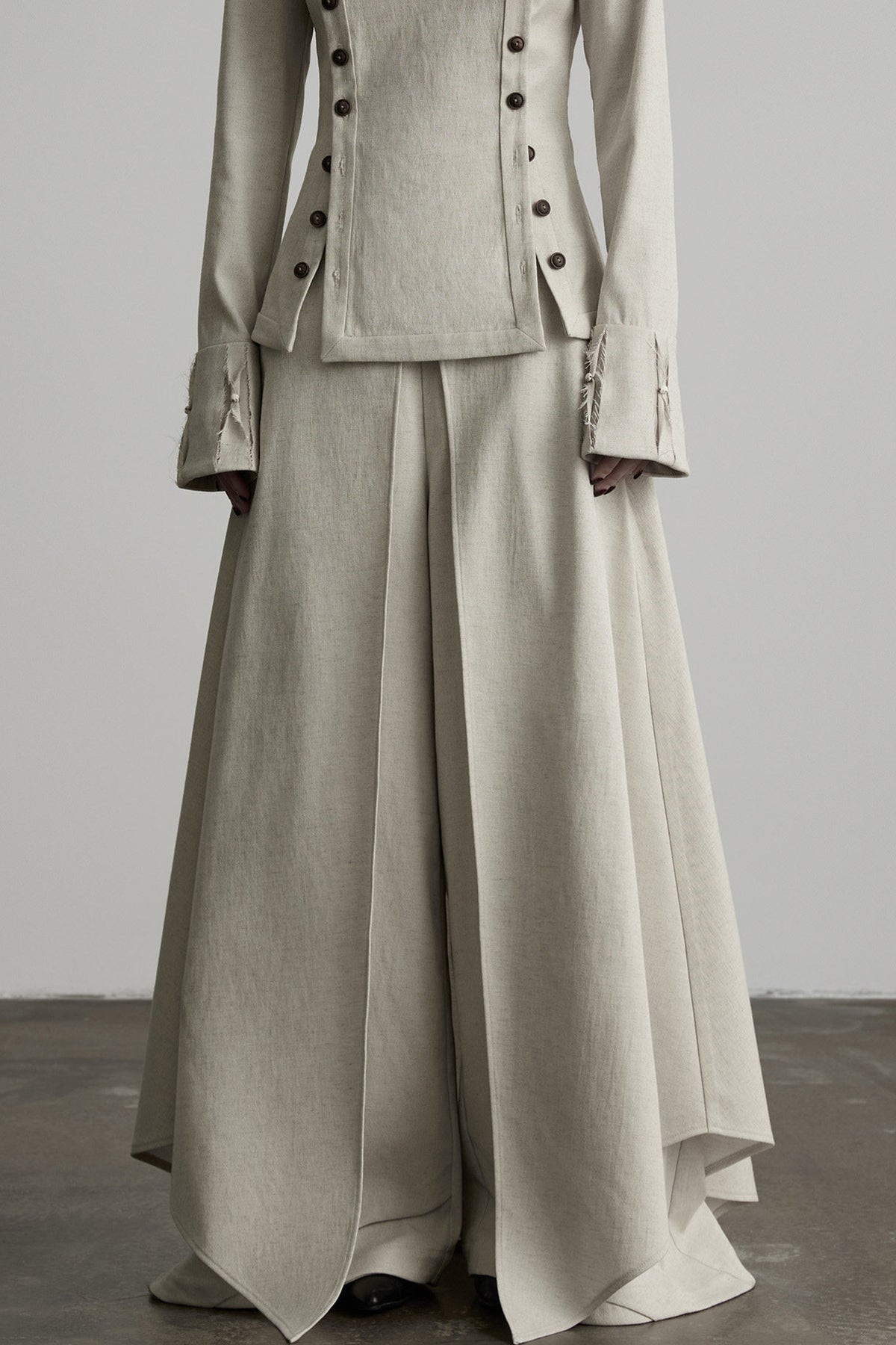 French Linen Blend Layered-Look Wide-Leg Pants
