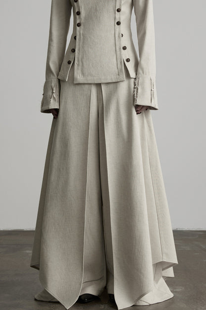 French Linen Blend Layered-Look Wide-Leg Pants