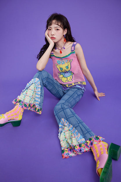 High-Waisted Plaid Patchwork Bell-Bottom Jeans