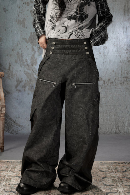 Black Patchwork Ripped High-Waisted Cargo Pants