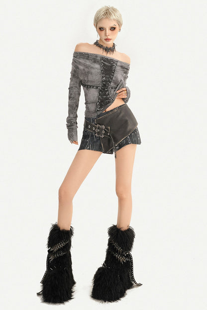 Punk Style Black Leather Waistband Shorts