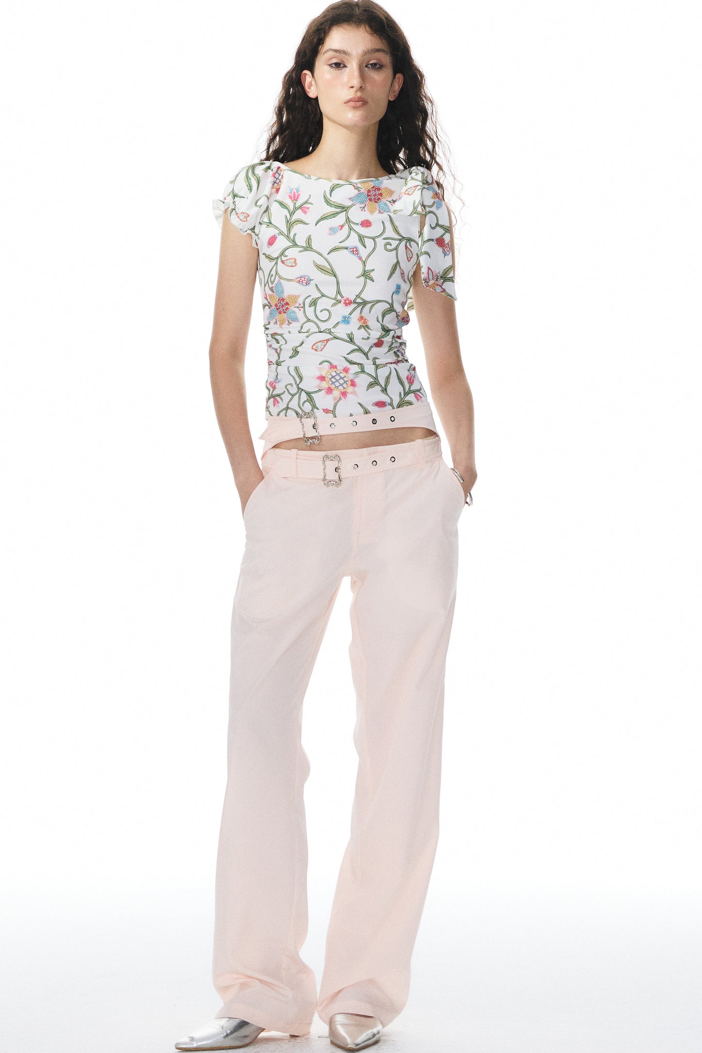Pink Double Waistband Low-Waist Pants