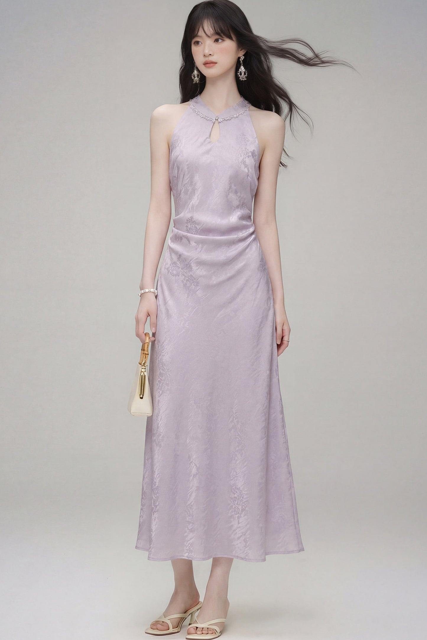 Halter-Neck Jacquard Cheongsam Dress
