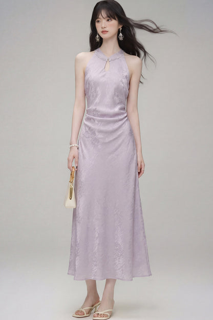 Halter-Neck Jacquard Cheongsam Dress