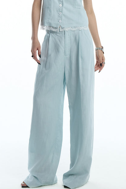 Mint Green Lyocell Cotton Linen Lace Vest and Pants Set-Up