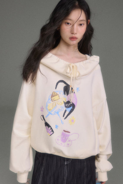 Cat Print Hooded Off-Shoulder Sweatshirt Shorts Set-Up