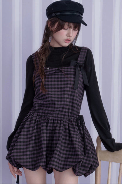Retro Plaid Long Sleeve Flower Bud Dress