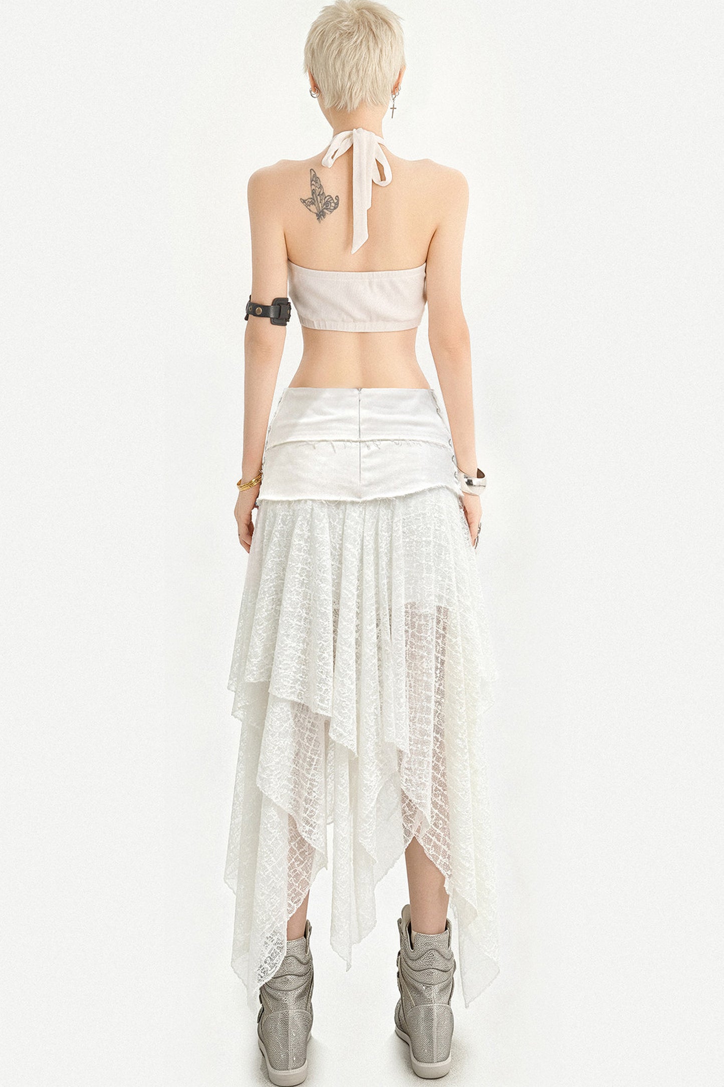 White Cross Print Studded Halter Top